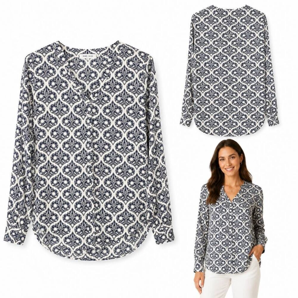 Rose + Olive Medium Navy White Medallion Blouse Top